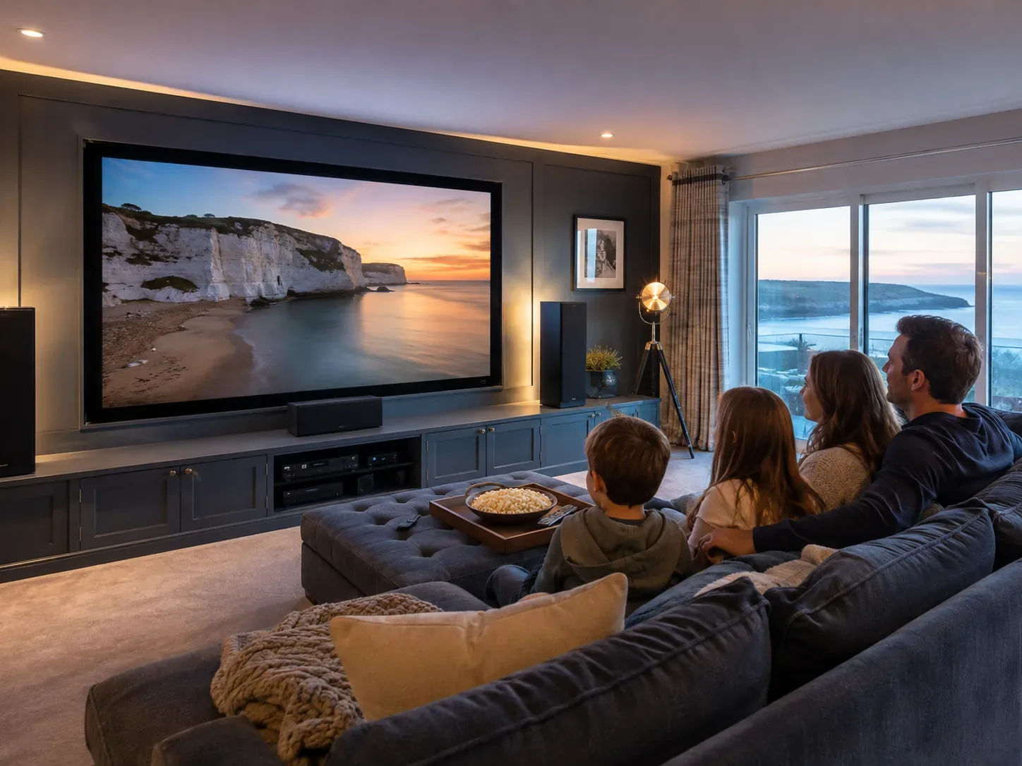 Family home cinema room with large screen