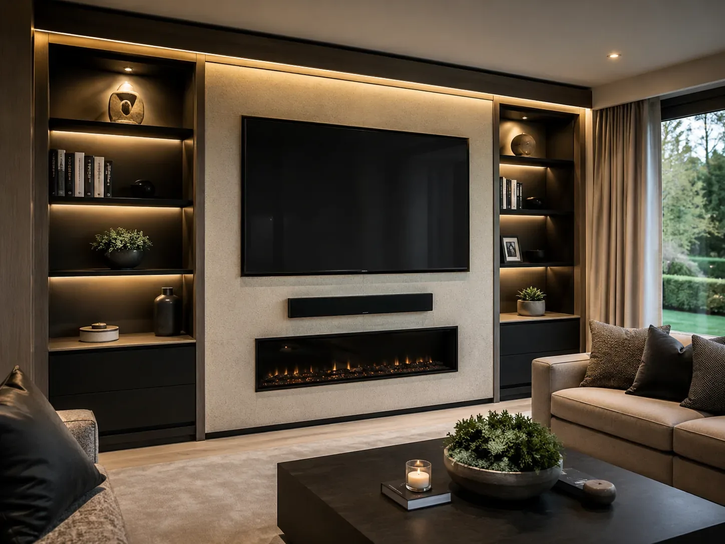 Modern media wall with mounted television, cabinetry and integrated audio