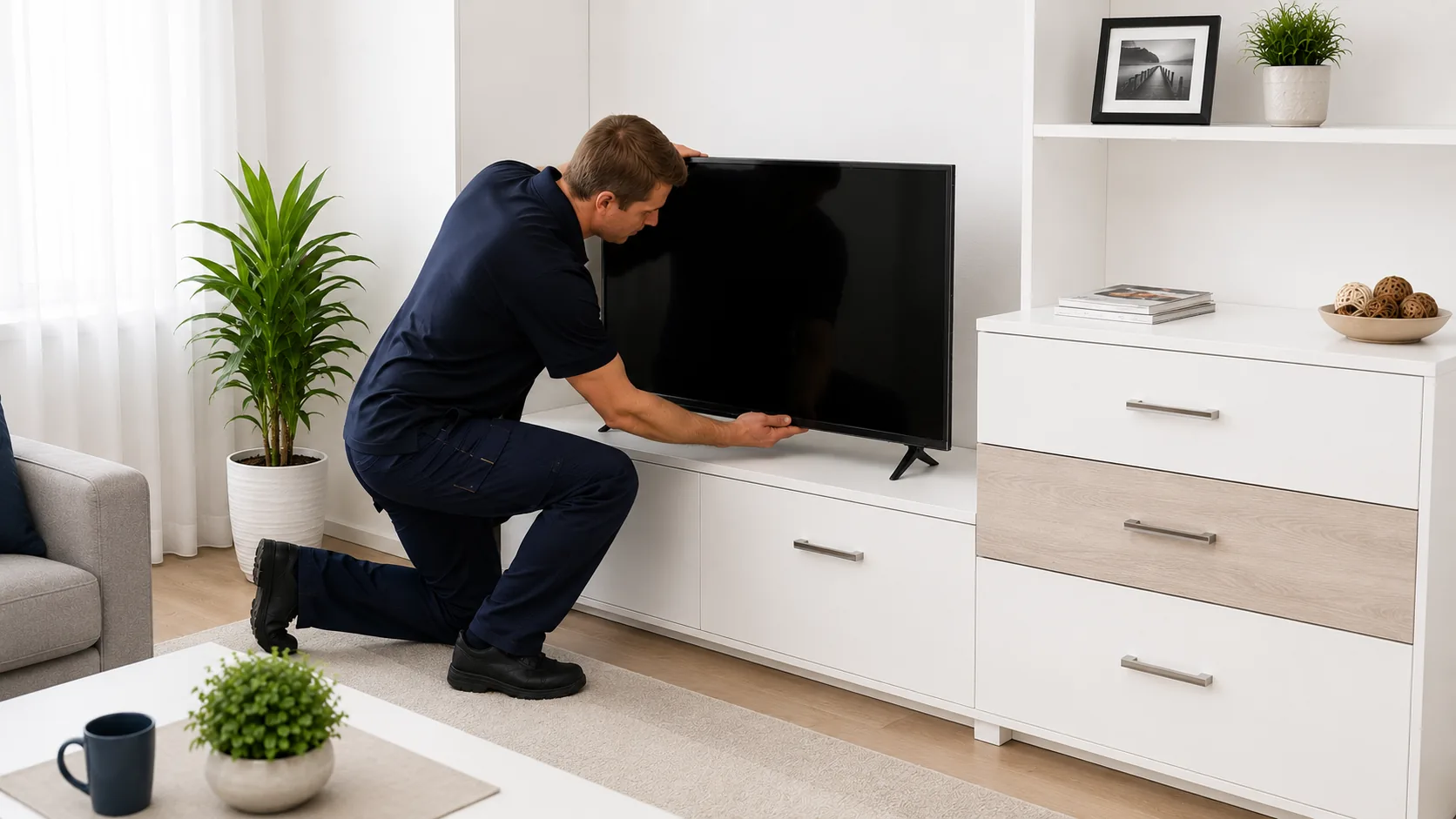 Installer configuring a television and connected equipment on a TV unit